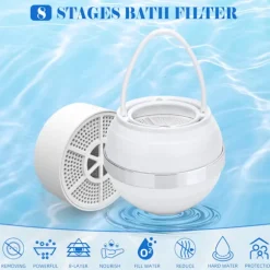 3-Trins Badeboldsfilter, Reducerer Klor & Balancerer pH for Hudvenligt Vand, Nem Installation til De Fleste Badekar, 2500 Gallon Kapacitet White