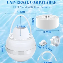 3-Trins Badeboldsfilter, Reducerer Klor & Balancerer pH for Hudvenligt Vand, Nem Installation til De Fleste Badekar, 2500 Gallon Kapacitet White