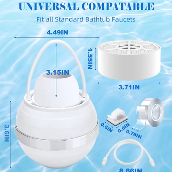 3-Trins Badeboldsfilter, Reducerer Klor & Balancerer pH for Hudvenligt Vand, Nem Installation til De Fleste Badekar, 2500 Gallon Kapacitet White
