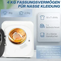 Udstødningstørretumbler 4 kg tørretumbler med desinfektion, deodorisering, smart mode, tørretumbler med rustfri stålbakke, frontlæsser, til lejlighed, | Fyndiq