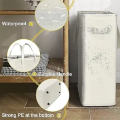 Vaskeskurv Slank Vaskeskurv Smal Vaskeskurv Med Foldbar Håndtag Beskidt Tøj Bærbar Tynd Vaskeskurv Organizer Opbevaringskasser (55cm, Beige
