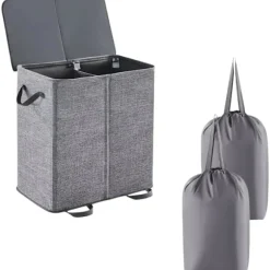 Vasketøjskurv med 2 rum - vasketøjssorterer - Vasketøjskurv med låg - aftagelig vasketøjspose - 2 rum - foldbart design - egnet...