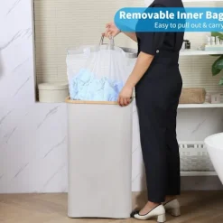 Vasketøjskurv Stor Vasketøjskurv med låg, 100L Stor Vasketøjskurv med Bambushåndtag til Tøj, XXL Sammenklappelig Vasketøjskurv med Beige Inderpose