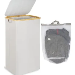 Vasketøjskurv Stor vasketøjskurv med låg, 100L stor vasketøjskurv med bambushåndtag til tøj, XXL sammenklappelig vasketøjskurv med beige inderpose