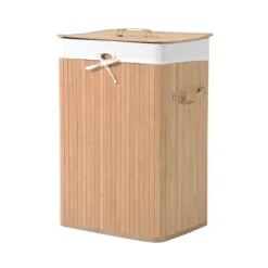Vasketøjskurv Vasketøjsboks Med Låg Vasketøjskurv Lærredspose Bambus Foldbar 72L Naturel 40 X 30 X 60 Cm