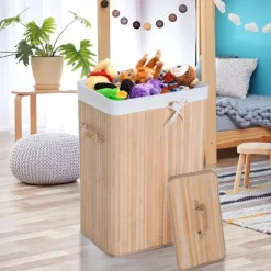 Vasketøjskurv Vasketøjsboks Med Låg Vasketøjskurv Lærredspose Bambus Foldbar 72L Naturel 40 X 30 X 60 Cm