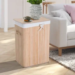 Vasketøjskurv Vasketøjsboks Med Låg Vasketøjskurv Lærredspose Bambus Foldbar 72L Naturel 40 X 30 X 60 Cm